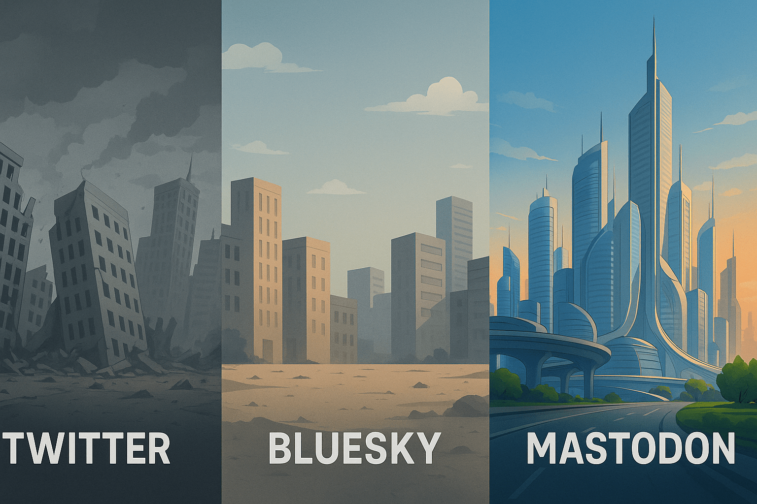 An artistic illustration showing three cityscapes side-by-side: a crumbling dystopian city labeled "Twitter," a barren and desolate city labeled "Bluesky," and a futuristic, vibrant metropolis labeled "Mastodon."