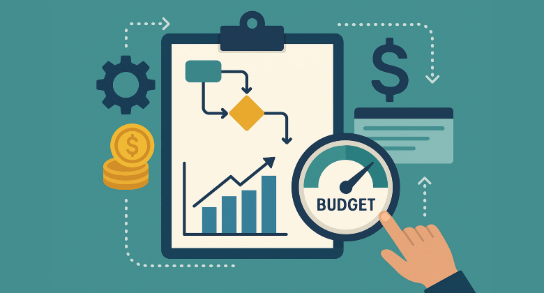A flat vector illustration showing a budgeting system with a clipboard containing charts and flow diagrams, gears, coins, and a budget gauge being adjusted by a hand.